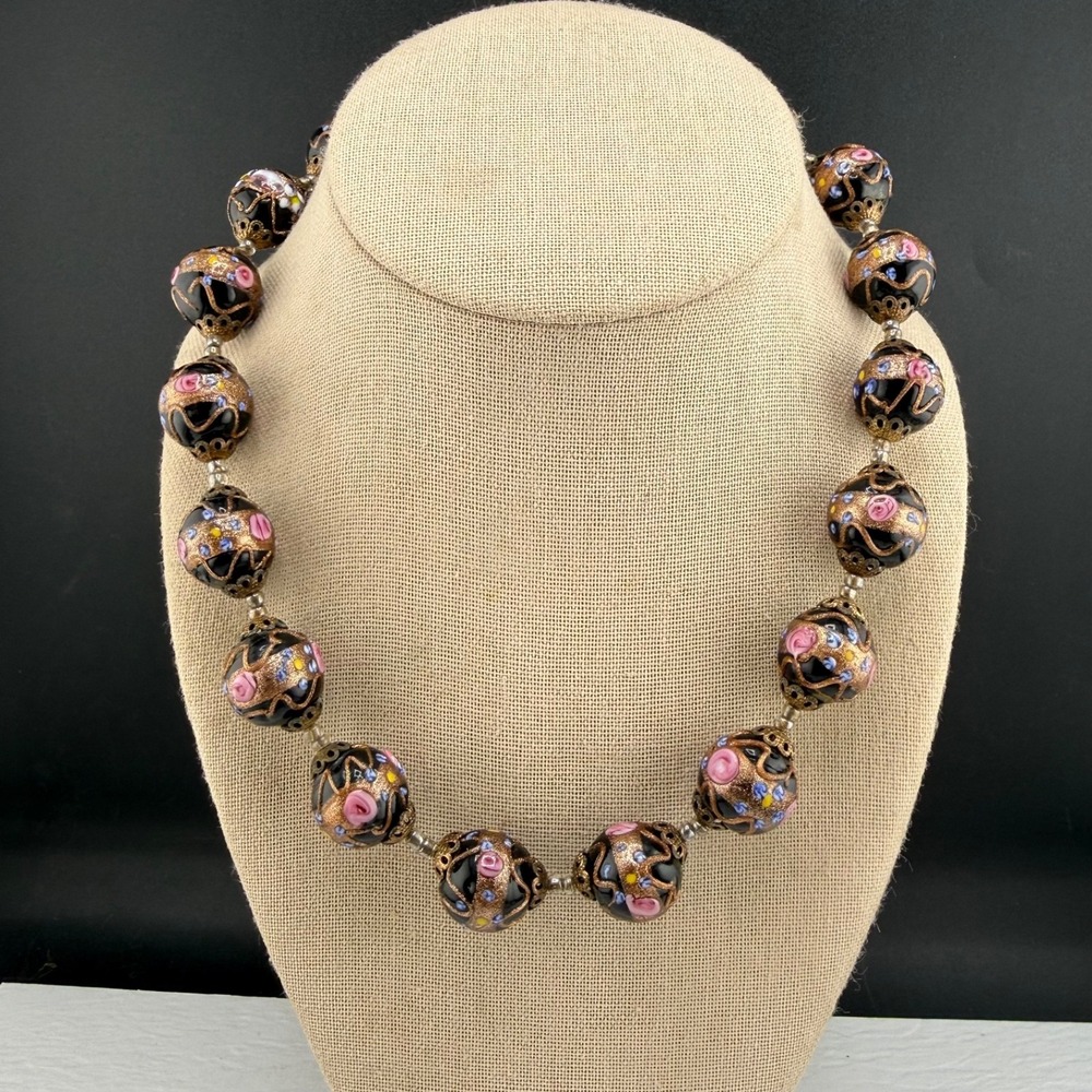 Vintage Estate Wedding Cake Necklace Black Pink Gold Beaded Lampwork 17"